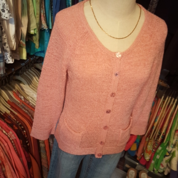 VILLAGER  ♡ Gorgeous Vintage Soft Pink 3/4 Length Button Down Cardigan Sweater S - Picture 4 of 14